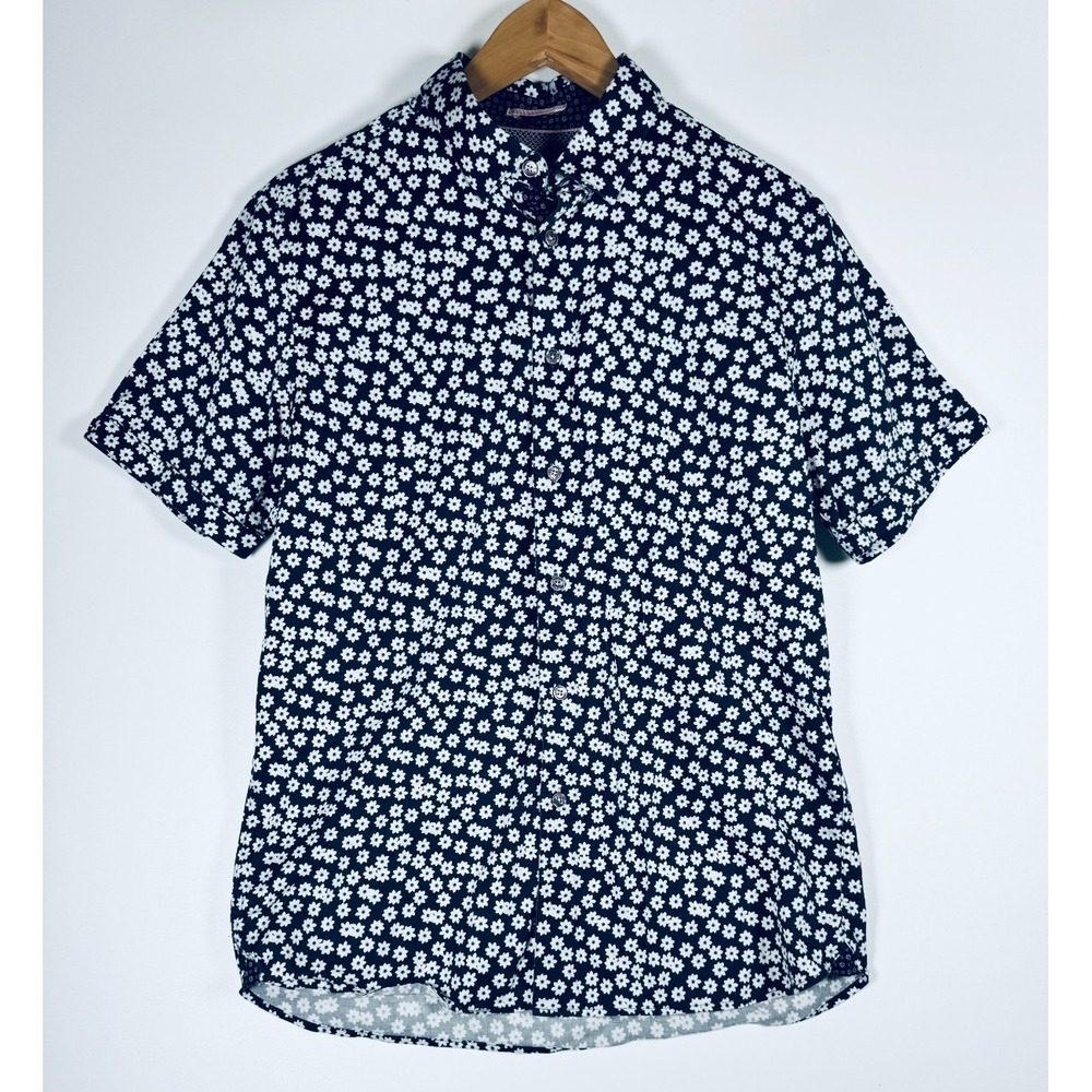 Ted Baker London Floral Shirt Mens Medium Black White Button Up Short Sleeve